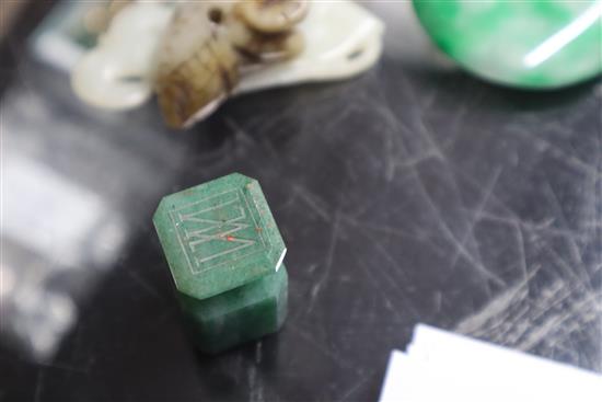 A group of Chinese stone carvings, a spinach green jade dish and a lapis lazuli dish